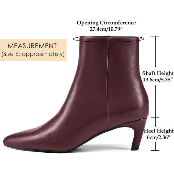 Women's Burgundy Pointed Toe Ankle Boots Side Zipper Low Kitten Heel Booties - Picture 3 of 6
